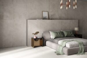 Bedroom With Beige Artisan Tiles and Modern Decor